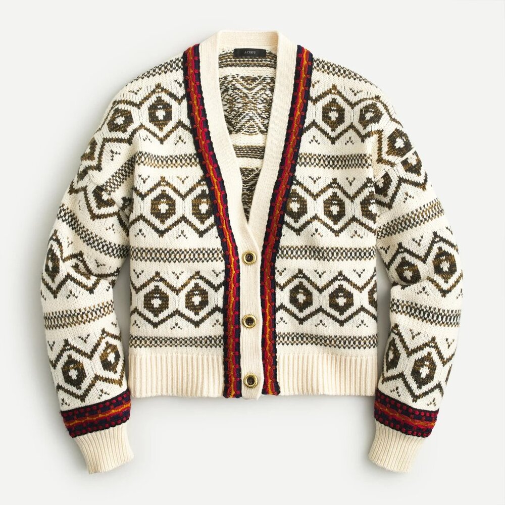 NWoT J.Crew Diamond Fair Isle Lambswool Blend Boxy Cardigan Sweater S